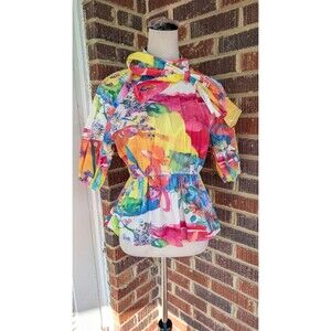 Love,Highlight Watercolor Floral Peplum Blouse w/ Bow-Med